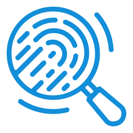 Cybersecurity and Privacy Compliance Magnifying glass over a digital fingerprint icon.
