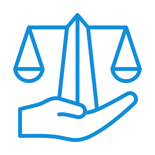 Litigation Strategies Hand holding scales of justice icon.