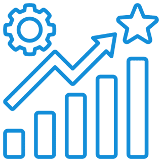 Mask group-2 Bar graph with arrow, gear, and star.