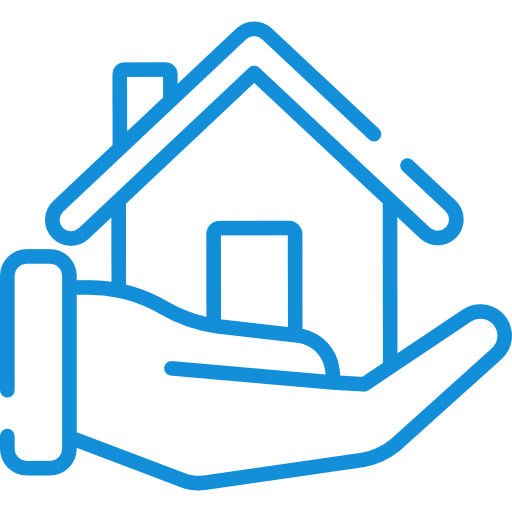 Real Estate Blue house icon on an open hand.